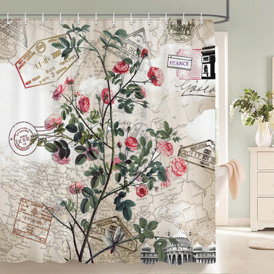 Perdele de duș cu model de flori de fluturi Perdele de baie Perdele de baie din poliester impermeabil cu 12 cârlige Perdeau de duș