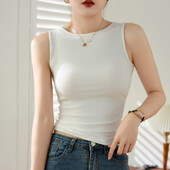 #0435 Черно-бял бежов потник без ръкави Дамски еластичен памучен потник с кръгло деколте Секси улично облекло Тесни къси потници Тениски Лято