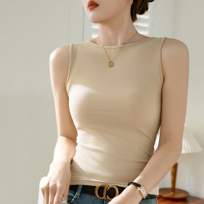 #0435 Черно-бял бежов потник без ръкави Дамски еластичен памучен потник с кръгло деколте Секси улично облекло Тесни къси потници Тениски Лято