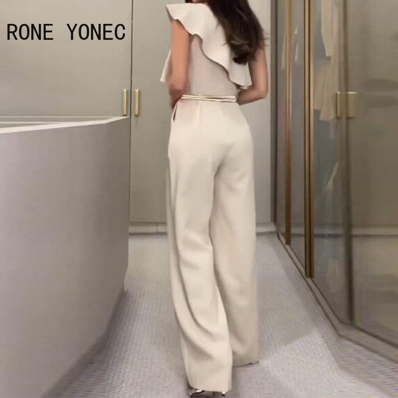 Naiste elegantne soliidne ühe õla volangide kaunistus metallvööde sirge jalaga pidulik kombinesoon