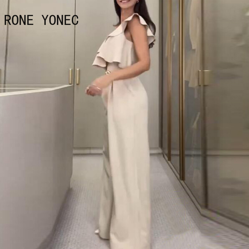 Naiste elegantne soliidne ühe õla volangide kaunistus metallvööde sirge jalaga pidulik kombinesoon