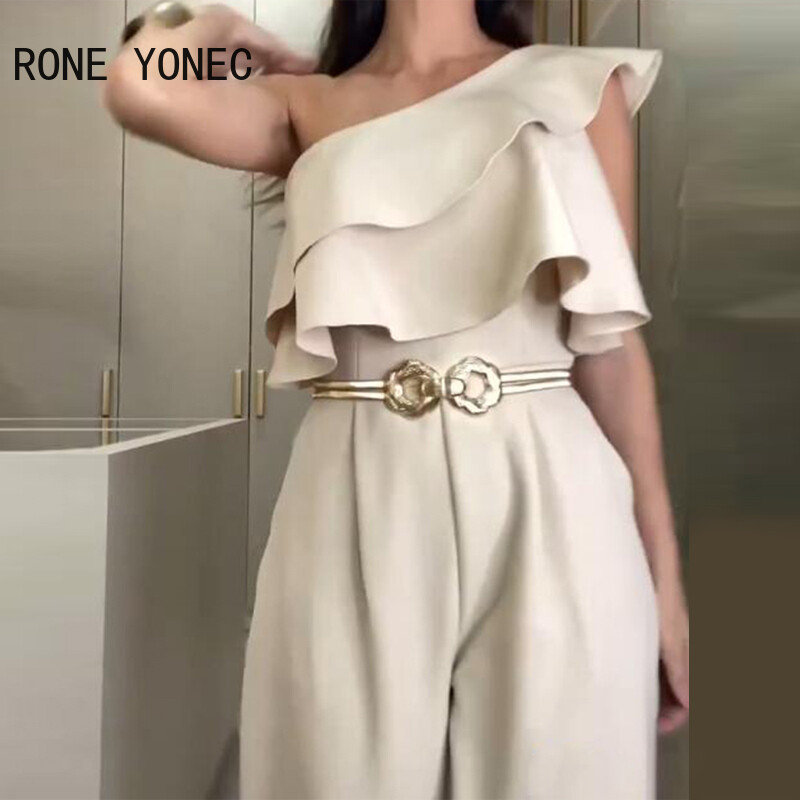 Naiste elegantne soliidne ühe õla volangide kaunistus metallvööde sirge jalaga pidulik kombinesoon