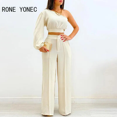 Ženski modni šik jednobojni lanterni na jedno rame, kratki gornji dio bez rukava, jarkih linija, ravnih dekora, kompleti ravnih hlača