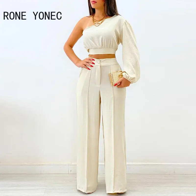 Ženski modni šik jednobojni lanterni na jedno rame, kratki gornji dio bez rukava, jarkih linija, ravnih dekora, kompleti ravnih hlača