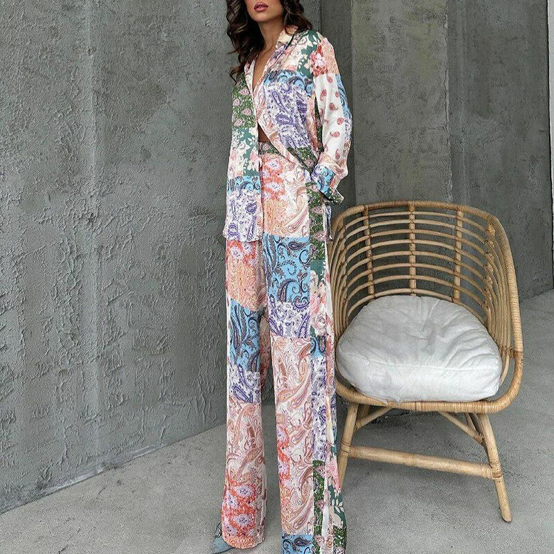 Moodsad revääridega särgid ja pikad pükskostüümid naiste vabaaja pikkade varrukatega 2 tk. 2025. aasta elegantsed etnilise trükiga sirged komplektid