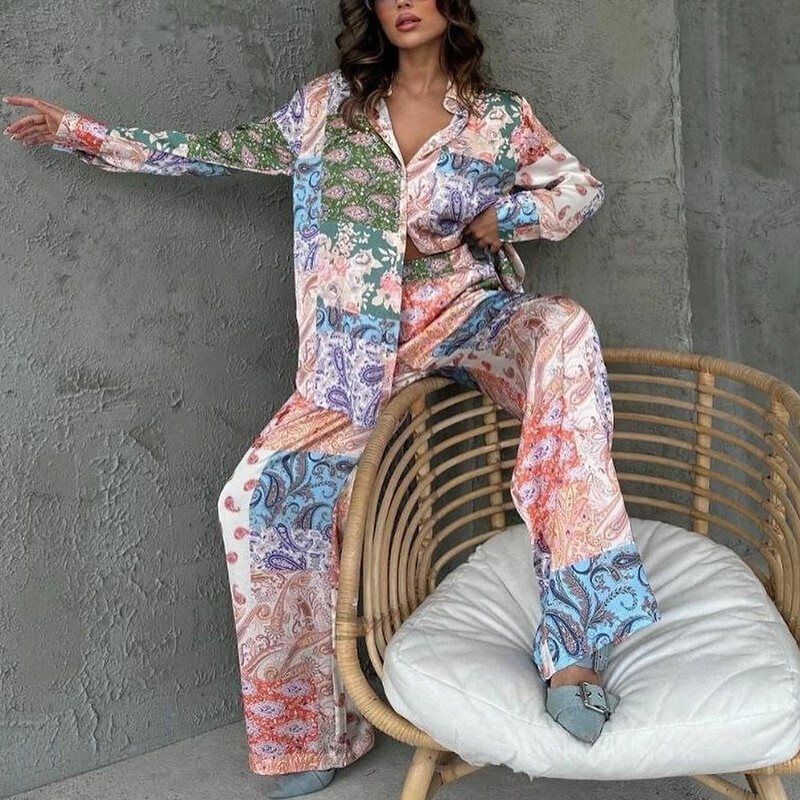 Moodsad revääridega särgid ja pikad pükskostüümid naiste vabaaja pikkade varrukatega 2 tk. 2025. aasta elegantsed etnilise trükiga sirged komplektid