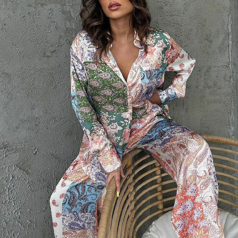 Moodsad revääridega särgid ja pikad pükskostüümid naiste vabaaja pikkade varrukatega 2 tk. 2025. aasta elegantsed etnilise trükiga sirged komplektid