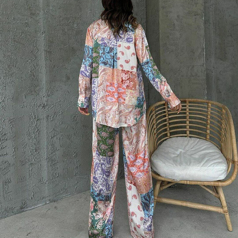 Moodsad revääridega särgid ja pikad pükskostüümid naiste vabaaja pikkade varrukatega 2 tk. 2025. aasta elegantsed etnilise trükiga sirged komplektid