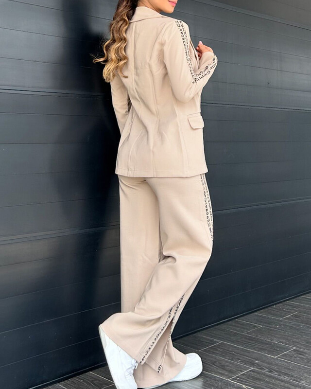 Set de 2 bucăți cu bandă leopard cu guler crestat și pantaloni cu crestătură femei două piese