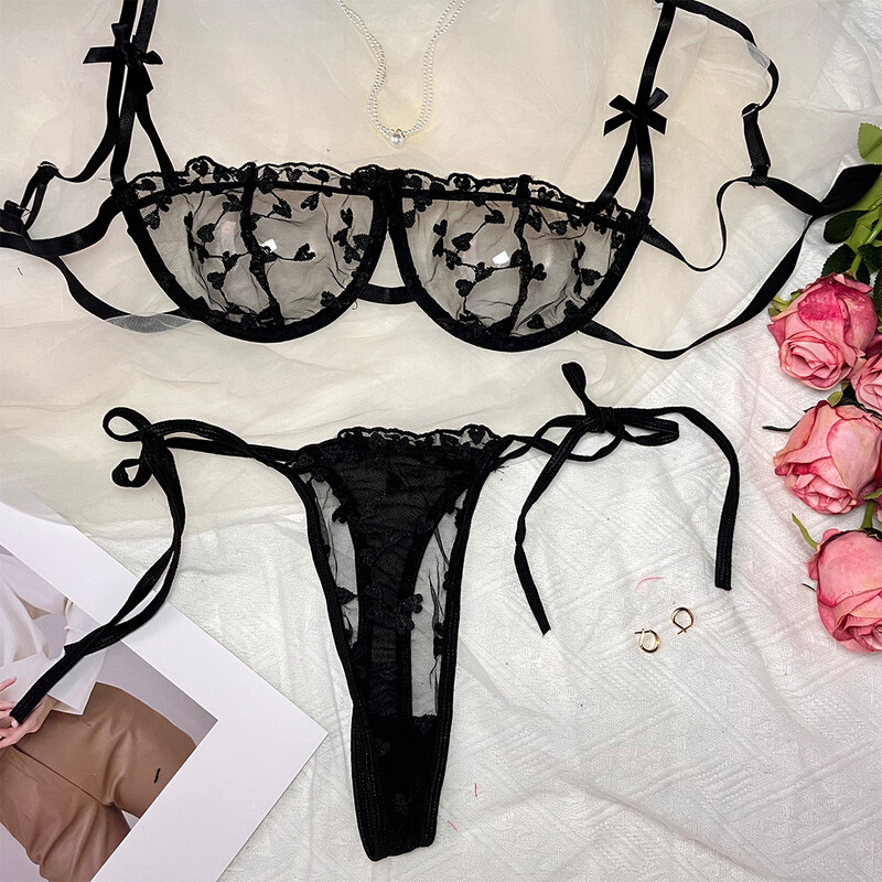 Seturi de sutien sexy pentru femei cu bretele Lenjerie din dantelă Broderie în formă de inimă Lenjerie de corp fără sudură din zână Set exotic transparent Set de sutien de slip
