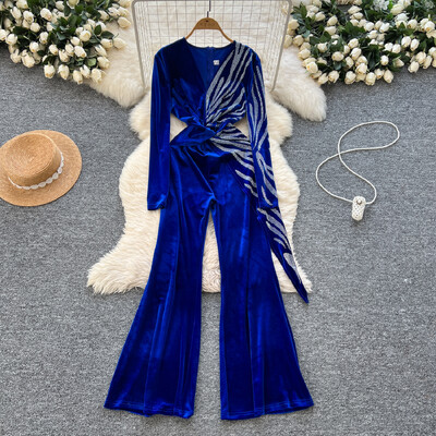 Vintage cu decolteu în V mâneci lungi subțire cu strass îmbinat velur High Street talie înaltă pantaloni lați picior salopetă iarnă îmbrăcăminte femei