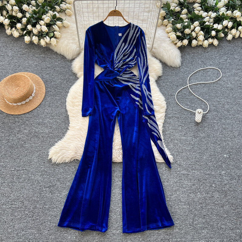 Vintage cu decolteu în V mâneci lungi subțire cu strass îmbinat velur High Street talie înaltă pantaloni lați picior salopetă iarnă îmbrăcăminte femei