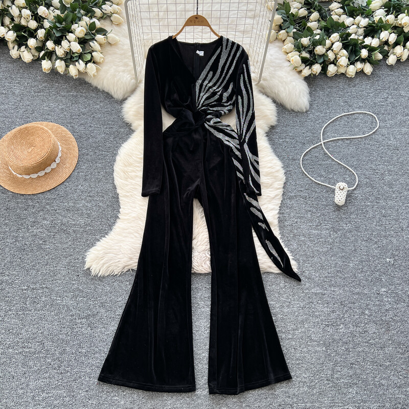 Vintage cu decolteu în V mâneci lungi subțire cu strass îmbinat velur High Street talie înaltă pantaloni lați picior salopetă iarnă îmbrăcăminte femei