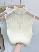 Naiste võrkkootud ülaosa, Y2K, poolkaelus, vest Naiste varrukateta kampsun, stiilne väljalõigatud tänavarõivad, kõhn valge toruga topp