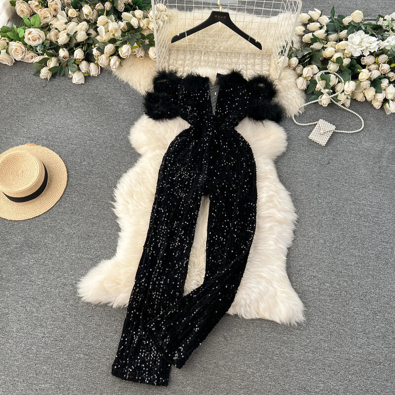 Vintage Slash Gât Elegant din pluș cu paiete îmbinate Top High Street Talie înaltă Pantaloni cu picioare late Salopetă Toamnă Iarnă Îmbrăcăminte pentru femei