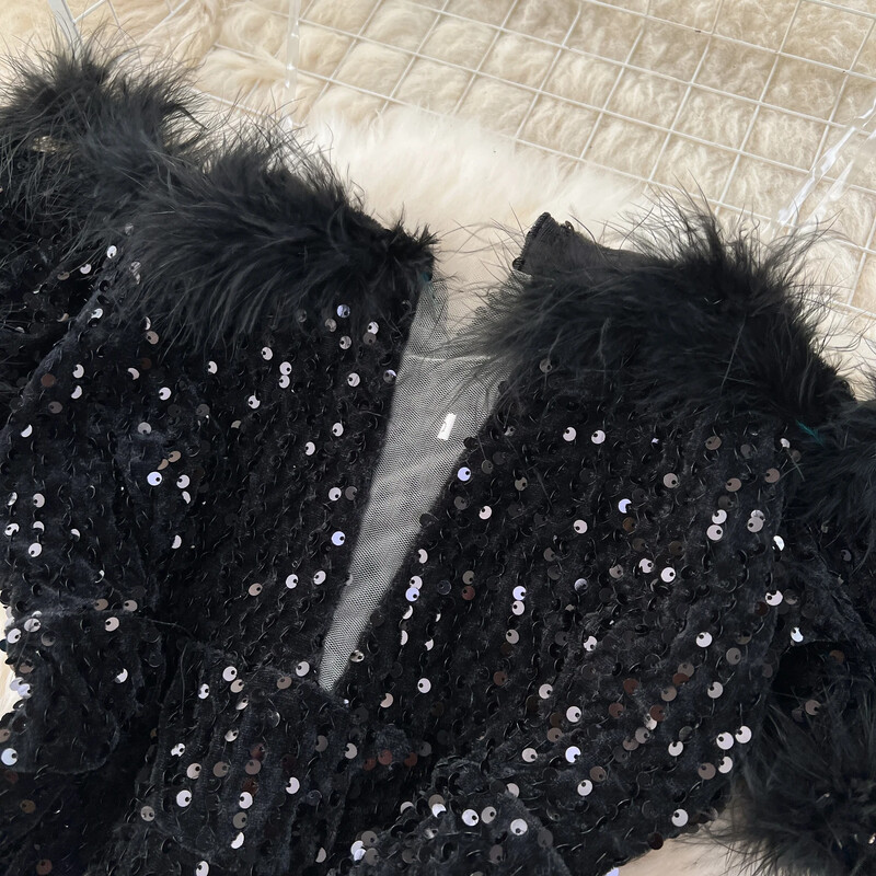 Vintage Slash Gât Elegant din pluș cu paiete îmbinate Top High Street Talie înaltă Pantaloni cu picioare late Salopetă Toamnă Iarnă Îmbrăcăminte pentru femei