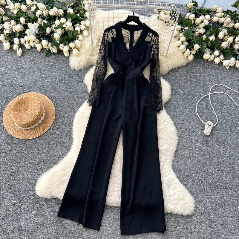 Chic, cu decolteu în V, mânecă lungă, subțire, scobită, dantelă, îmbinată, pantaloni largi, talie înaltă, salopetă coreeană, toamnă, îmbrăcăminte pentru femei