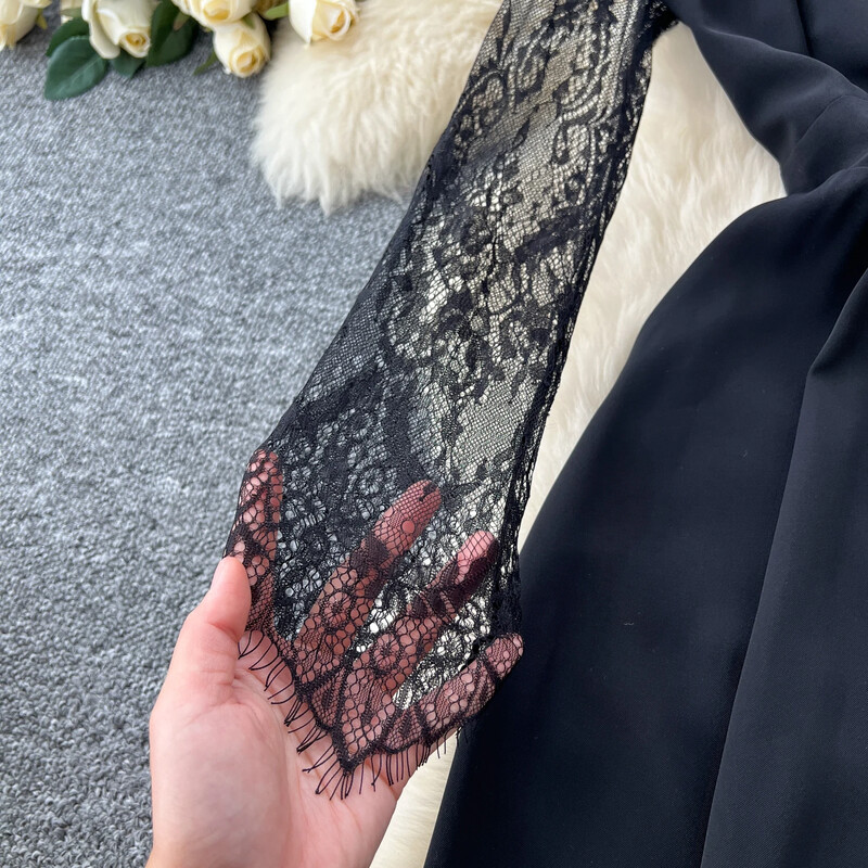 Chic, cu decolteu în V, mânecă lungă, subțire, scobită, dantelă, îmbinată, pantaloni largi, talie înaltă, salopetă coreeană, toamnă, îmbrăcăminte pentru femei