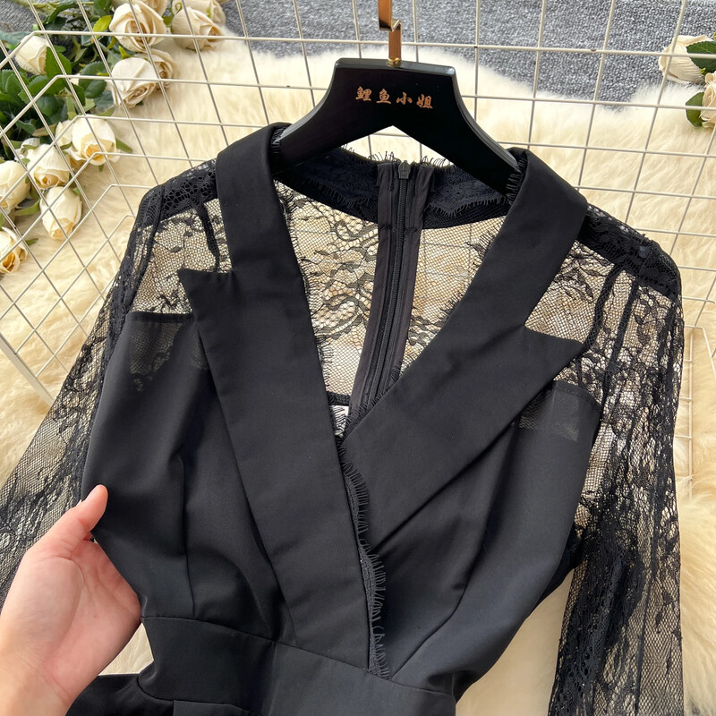 Chic, cu decolteu în V, mânecă lungă, subțire, scobită, dantelă, îmbinată, pantaloni largi, talie înaltă, salopetă coreeană, toamnă, îmbrăcăminte pentru femei