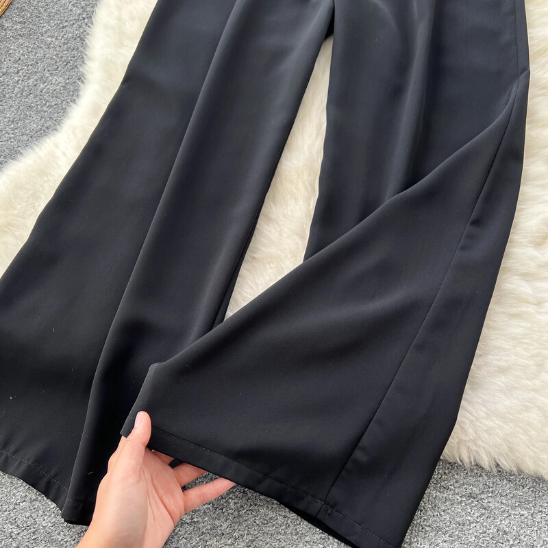 Chic, cu decolteu în V, mânecă lungă, subțire, scobită, dantelă, îmbinată, pantaloni largi, talie înaltă, salopetă coreeană, toamnă, îmbrăcăminte pentru femei