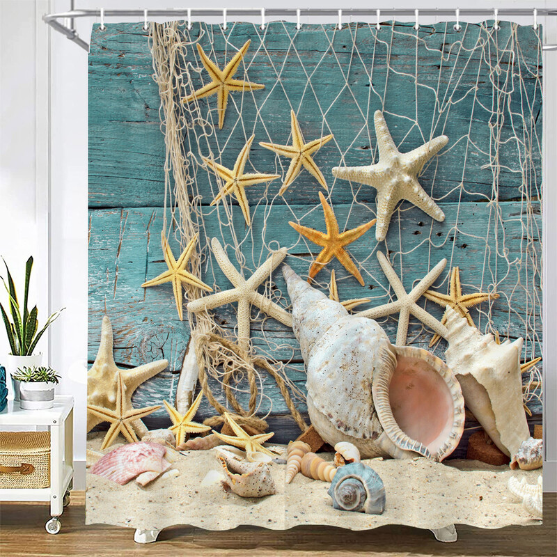 Imprimare 3d Vedere la mare Plajă Shell Sea Surf Perdele de duș Perdele de baie Pânză din poliester impermeabilă cu cârlig Decor pentru baie
