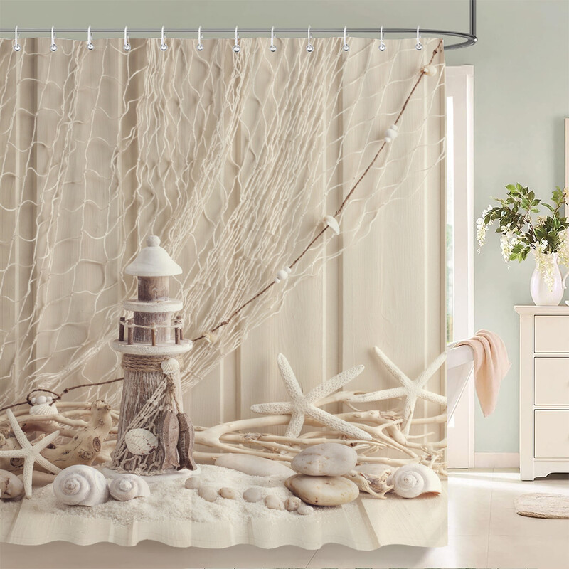 Imprimare 3d Vedere la mare Plajă Shell Sea Surf Perdele de duș Perdele de baie Pânză din poliester impermeabilă cu cârlig Decor pentru baie