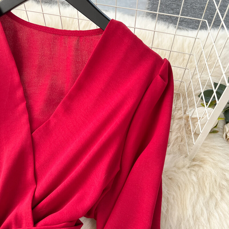 Salopetă cu mânecă lungă șic, vintage, cu decolteu în V, cu dantelă, cu mânecă lungă, elegantă, cu talie înaltă, pantaloni ocazional cu picioare largi, costum de toamnă pentru femei