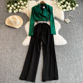 Elegants V veida kakla izgriezums Vintage Rhinestone kombinezons ar garām piedurknēm High Street slaids korejiešu platas bikses rudens sieviešu raibs apģērbs