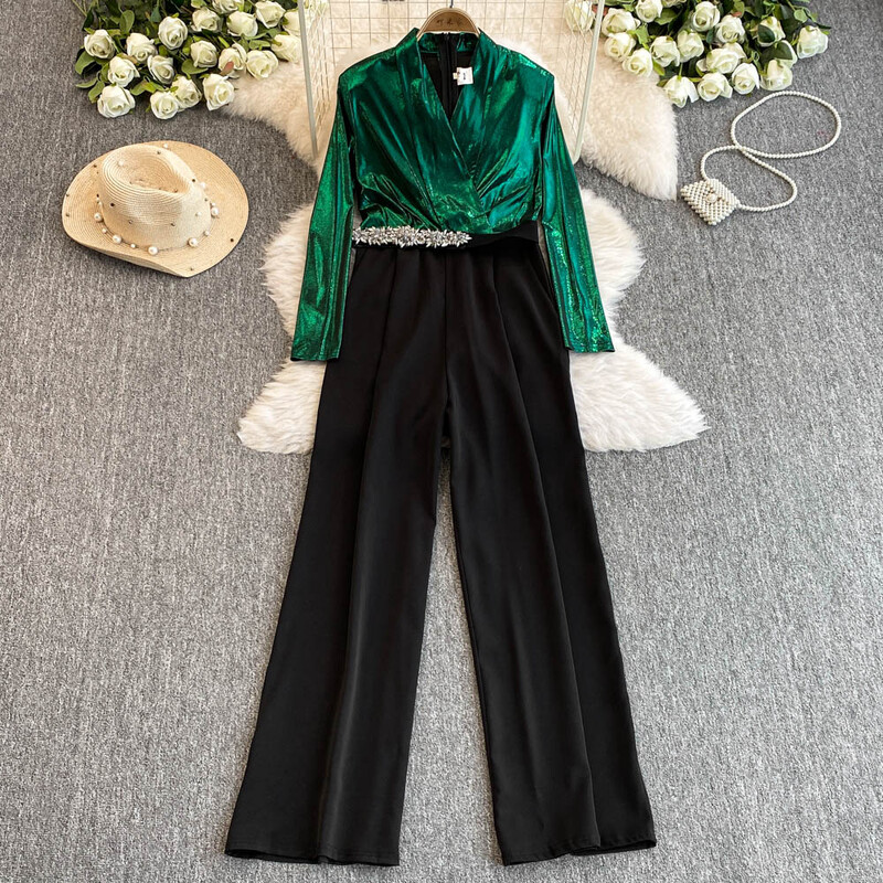 Elegants V veida kakla izgriezums Vintage Rhinestone kombinezons ar garām piedurknēm High Street slaids korejiešu platas bikses rudens sieviešu raibs apģērbs