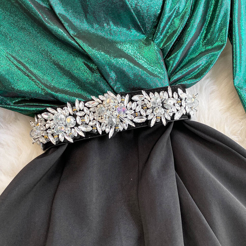 Elegants V veida kakla izgriezums Vintage Rhinestone kombinezons ar garām piedurknēm High Street slaids korejiešu platas bikses rudens sieviešu raibs apģērbs