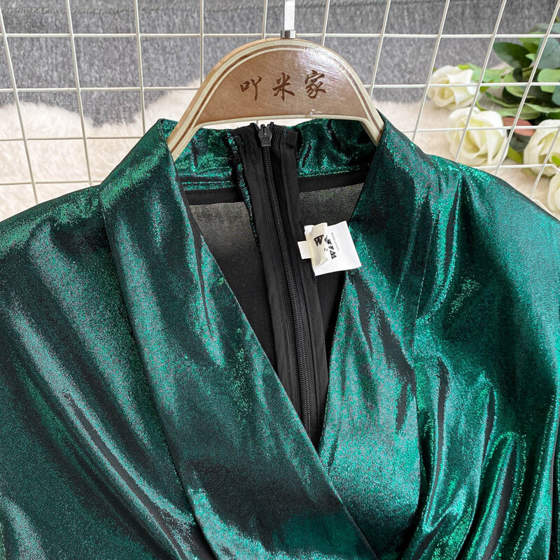 Elegants V veida kakla izgriezums Vintage Rhinestone kombinezons ar garām piedurknēm High Street slaids korejiešu platas bikses rudens sieviešu raibs apģērbs