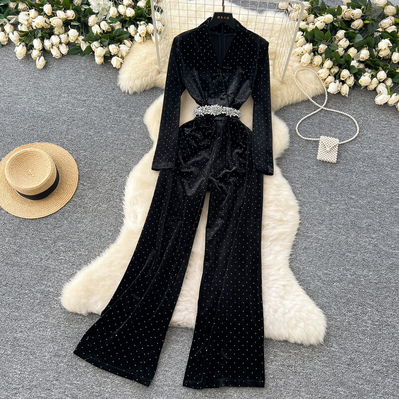 Salopetă vintage cu decolteu în V, mâneci lungi, cu strasuri, catifea, îmbrăcăminte de stradă, pantaloni largi, eleganti, îmbrăcăminte de iarnă pentru femei