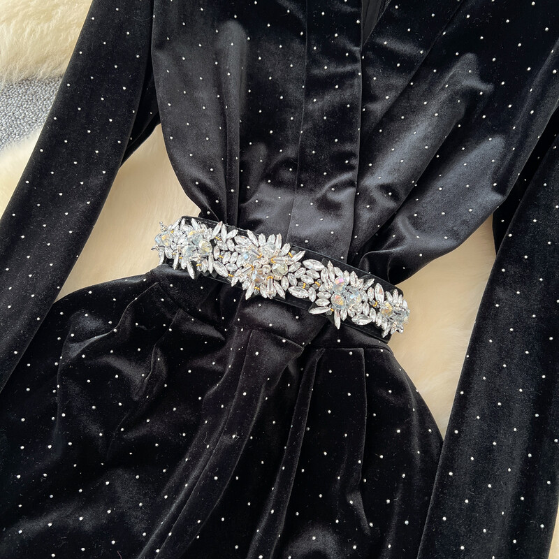 Salopetă vintage cu decolteu în V, mâneci lungi, cu strasuri, catifea, îmbrăcăminte de stradă, pantaloni largi, eleganti, îmbrăcăminte de iarnă pentru femei