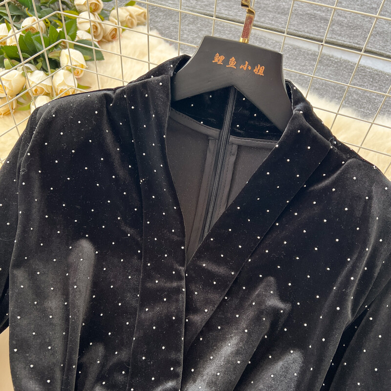 Salopetă vintage cu decolteu în V, mâneci lungi, cu strasuri, catifea, îmbrăcăminte de stradă, pantaloni largi, eleganti, îmbrăcăminte de iarnă pentru femei