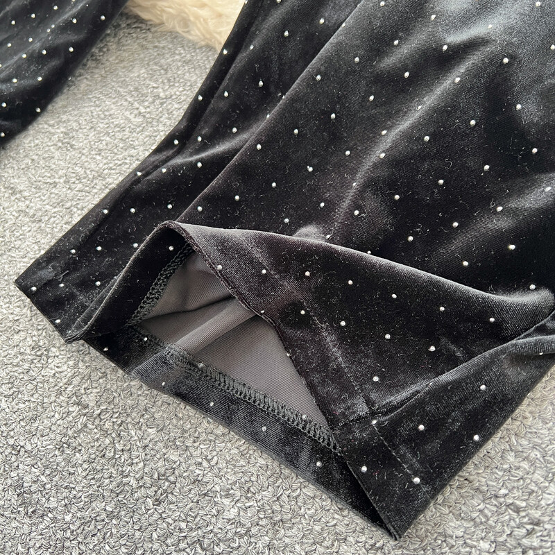 Salopetă vintage cu decolteu în V, mâneci lungi, cu strasuri, catifea, îmbrăcăminte de stradă, pantaloni largi, eleganti, îmbrăcăminte de iarnă pentru femei