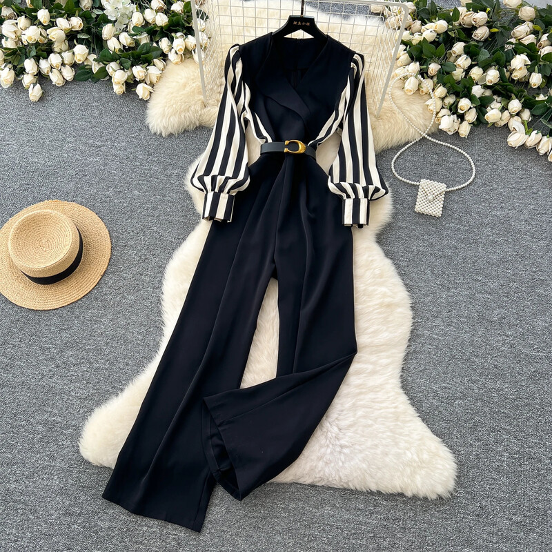 Vintage cu decolteu în V, mâneci lungi cu lanternă, geneve subțiri, top cu dungi, pantaloni de toamnă, îmbrăcăminte pentru femei