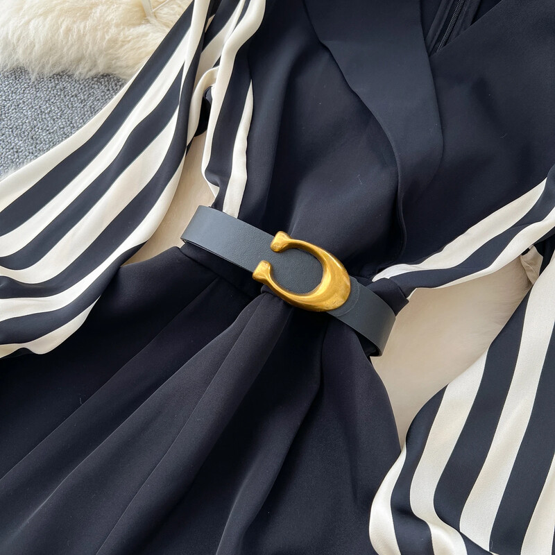 Vintage cu decolteu în V, mâneci lungi cu lanternă, geneve subțiri, top cu dungi, pantaloni de toamnă, îmbrăcăminte pentru femei