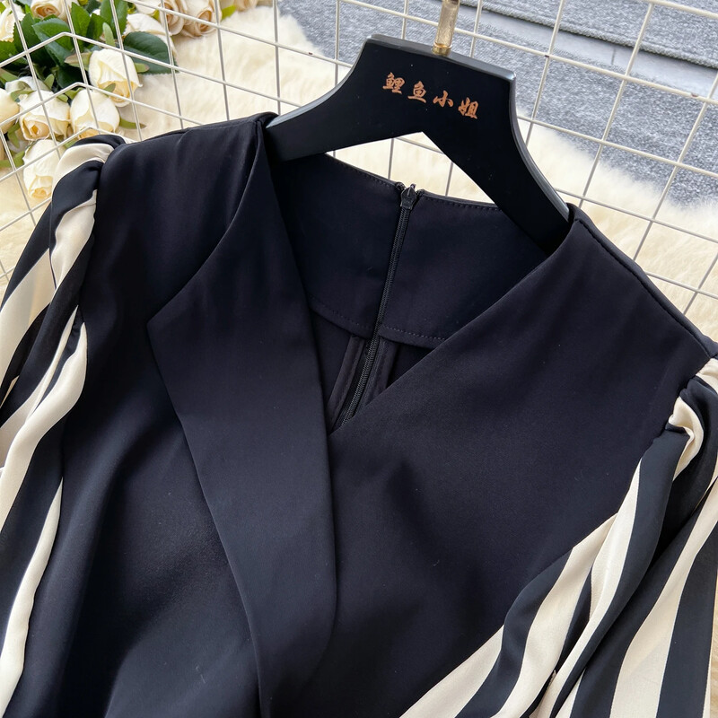 Vintage cu decolteu în V, mâneci lungi cu lanternă, geneve subțiri, top cu dungi, pantaloni de toamnă, îmbrăcăminte pentru femei