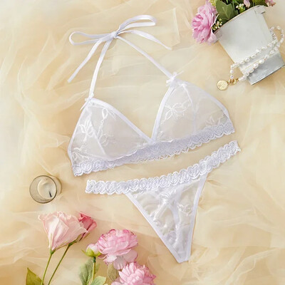 Seksīga mežģīņu tīkla kārdinājums bez polsterējuma krūštura un apakšbiksīšu komplekti, piesienama kakla bez aizmugures īpaši plāna apakšveļa, intīms sieviešu apakšveļas komplekts