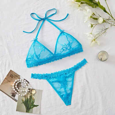 Seksīga mežģīņu tīkla kārdinājums bez polsterējuma krūštura un apakšbiksīšu komplekti, piesienama kakla bez aizmugures īpaši plāna apakšveļa, intīms sieviešu apakšveļas komplekts