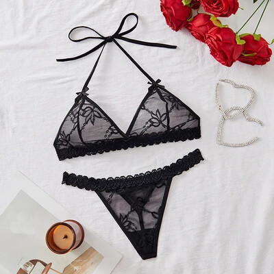 Seksīga mežģīņu tīkla kārdinājums bez polsterējuma krūštura un apakšbiksīšu komplekti, piesienama kakla bez aizmugures īpaši plāna apakšveļa, intīms sieviešu apakšveļas komplekts