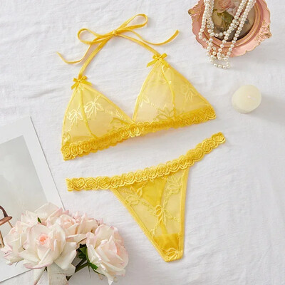 Seksīga mežģīņu tīkla kārdinājums bez polsterējuma krūštura un apakšbiksīšu komplekti, piesienama kakla bez aizmugures īpaši plāna apakšveļa, intīms sieviešu apakšveļas komplekts