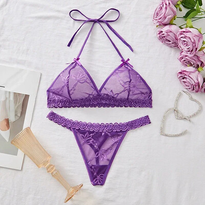 Seksīga mežģīņu tīkla kārdinājums bez polsterējuma krūštura un apakšbiksīšu komplekti, piesienama kakla bez aizmugures īpaši plāna apakšveļa, intīms sieviešu apakšveļas komplekts