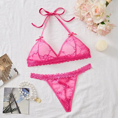 Seksīga mežģīņu tīkla kārdinājums bez polsterējuma krūštura un apakšbiksīšu komplekti, piesienama kakla bez aizmugures īpaši plāna apakšveļa, intīms sieviešu apakšveļas komplekts