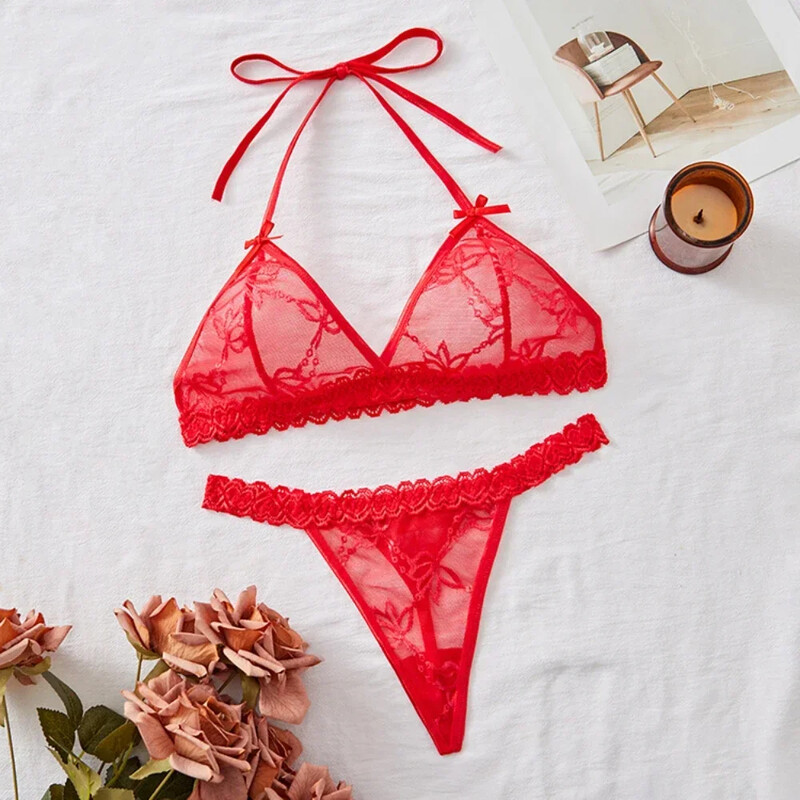 Seksīga mežģīņu tīkla kārdinājums bez polsterējuma krūštura un apakšbiksīšu komplekti, piesienama kakla bez aizmugures īpaši plāna apakšveļa, intīms sieviešu apakšveļas komplekts