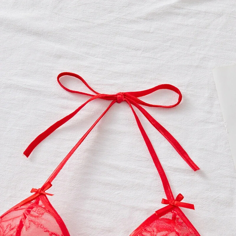 Seksīga mežģīņu tīkla kārdinājums bez polsterējuma krūštura un apakšbiksīšu komplekti, piesienama kakla bez aizmugures īpaši plāna apakšveļa, intīms sieviešu apakšveļas komplekts