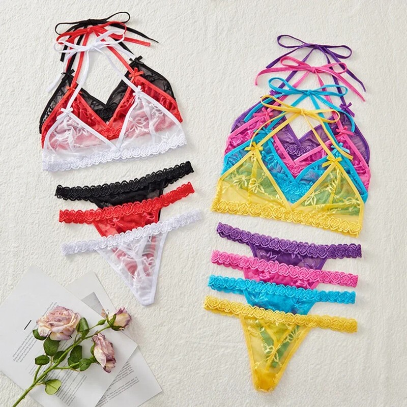 Seksīga mežģīņu tīkla kārdinājums bez polsterējuma krūštura un apakšbiksīšu komplekti, piesienama kakla bez aizmugures īpaši plāna apakšveļa, intīms sieviešu apakšveļas komplekts