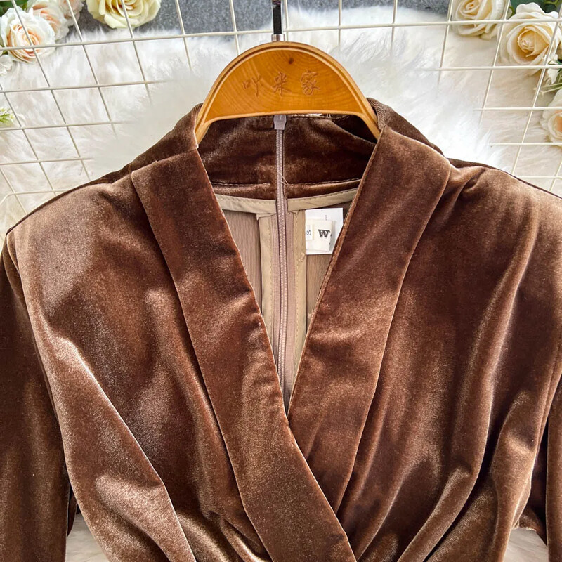 Epocă cu decolteu în V cu mânecă lungă subțire de bandaj Top High Street Talie înaltă Pantaloni lați cu picioare Salopetă Toamnă Iarnă Femei Îmbrăcăminte din catifea