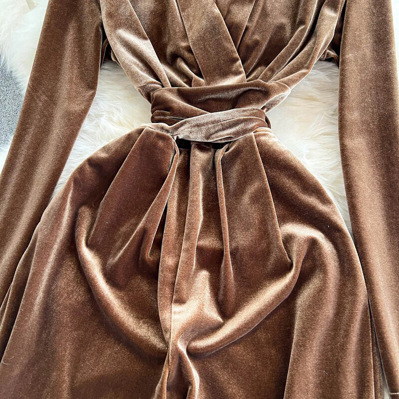 Epocă cu decolteu în V cu mânecă lungă subțire de bandaj Top High Street Talie înaltă Pantaloni lați cu picioare Salopetă Toamnă Iarnă Femei Îmbrăcăminte din catifea