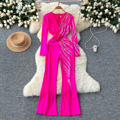 Salopetă șic cu decolteu în V, elegantă, cu strasuri, cu mâneci lungi, subțire, cu talie înaltă, toamnă iarnă, seară, îmbrăcăminte pentru femei